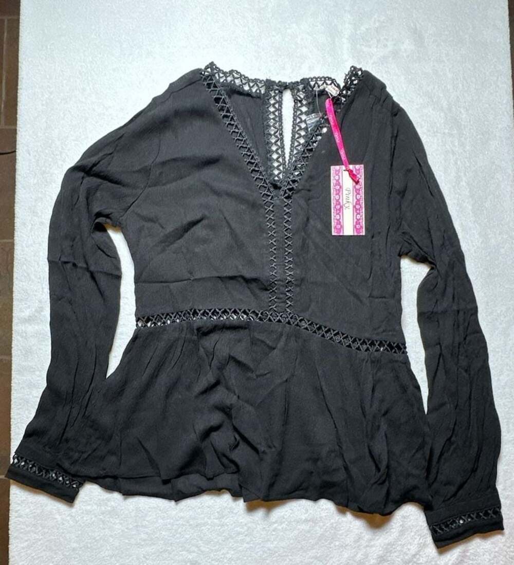 Pinky Black Long-Sleeve Lace-Trim Peasant Top